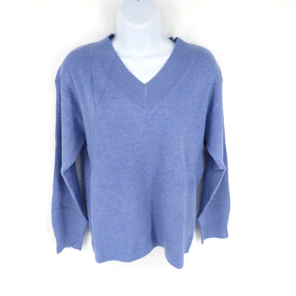 Nine West Women's V-Neck Ribbed Heron Blue Sweater Medium NWT $49